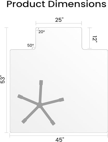 Tempered Glass Chair Mat with Lip, 53" x 45" Heavy-Duty Office Floor Protector for Under-Desk Reach, for Carpet & Hardwood, 1/5" Thick