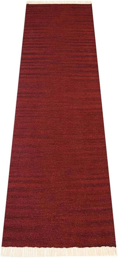 Rugsotic Carpets Hand Woven Flat Weave Kilim Wool ECO-Friendly Area Rugs - 2'6''x12', Runner Shape, Burgundy Color, Solid Plain Design, Low Pile Handmade Rugs for Living Room, Bed Room (D00111)