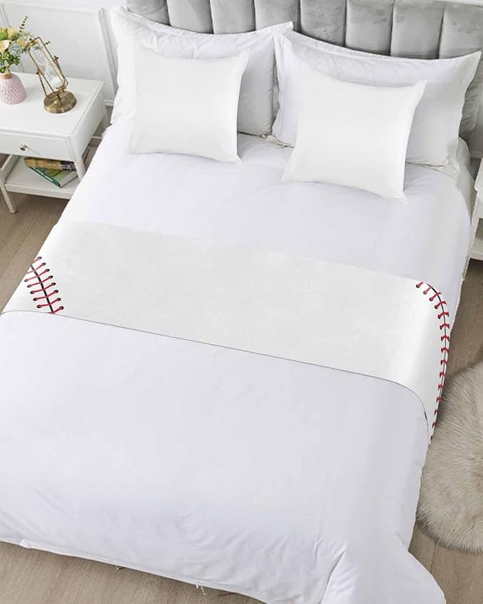 Baseball Sports Texture Bed Runners for Bedroom Hotel,Decorative Bedding Scarf White Red Lines Bed End Blanket Bedding Runner Scarves for Queen Size Bed,94x20in