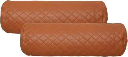 Neck Roll Pillow Cushion Cover, 18x6 Inch Full Moon Round Bolster Pillow Case, Cylinder Soft Lambskin Leather Pillowcase for Head, Spine & Neck Support During Sleep - Quilted Tan Pack of 2