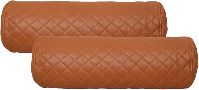 Neck Roll Pillow Cushion Cover, 14x7 Inch Full Moon Round Bolster Pillow Case, Cylinder Soft Lambskin Leather Pillowcase for Head, Spine & Neck Support During Sleep - Quilted Tan Pack of 2
