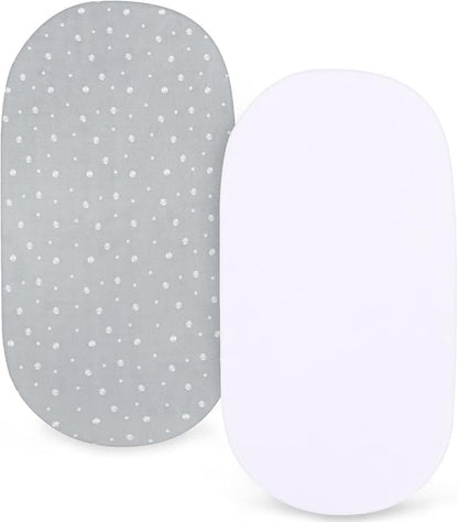 Bassinet Sheets 2 Pack (16 x 32) - Fit for Delta Children Deluxe Sweet, Dream On Me Karley (Plus) /Willow/Poppy, Baby Delight Beside Me Doze, Simmons Kids City Bassinet, Ultra Soft, White & Grey Ball