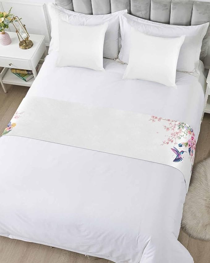 Blossom Floral Hummingbird Bed Runners for Bedroom Hotel,Decorative Bedding Scarf Butterfly Blossom Flower Plant Bed End Blanket Bedding Runner Scarves for Full Size Bed,83x20in