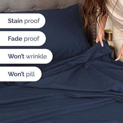 Olympic Queen Sheet Set 66x80 - 4 Piece RV Olympic Queen Size Sheets - Soft, Breathable & Cooling - Fits 14” to 16" Mattress w/ Deep Pockets - Comfy Luxury Bedding - Fade & Wrinkle Free - Navy Blue