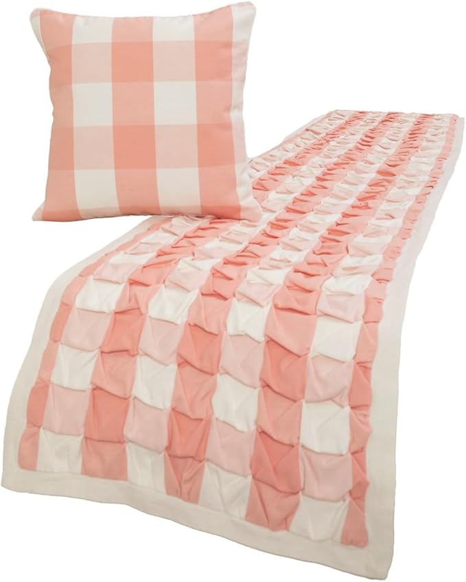 The HomeCentric King/Queen/Twin Peach Pink Decorative King 90"x18" Bed Runner with 2 Pillow Cover, Textured & Buffalo Checks Bed Scarf on Cotton Fabric - Buffalo Plaid Peach
