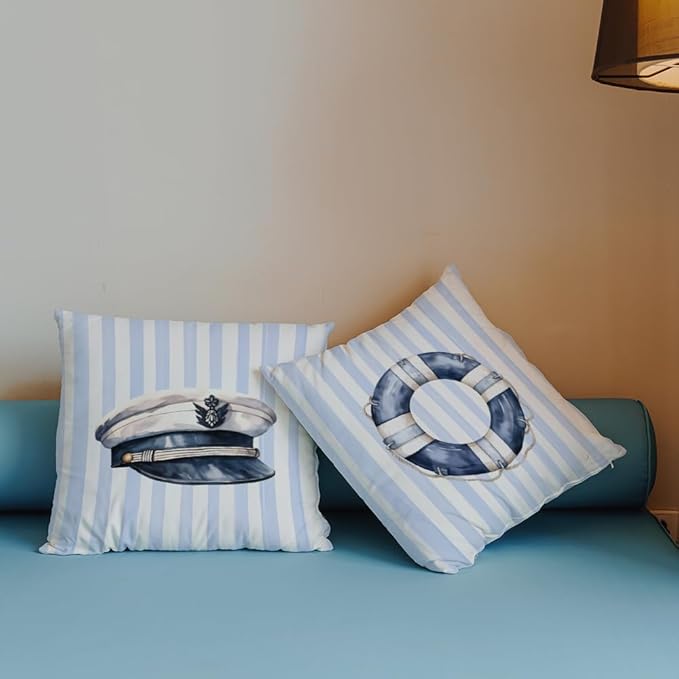 Blue Coastal Nautical Pillow Covers 18x18 Set of 2, Watercolor Lifebuoy Captain Hat Preppy Blue Striped Throw Pillow Covers for Boys Bedroom Beach House Home, Preppy Beach Room Decor