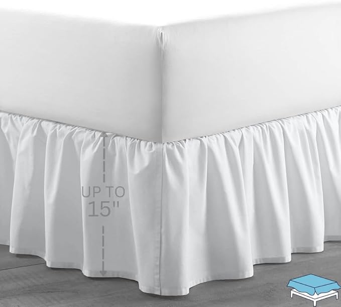 Ruffle Bed Skirt with Split Corners, Microfiber Dust Ruffled for a Perfectly Tailored Bedding Ensemble, Wrinkle and Fade Free, Easy Fit, Queen Size 15 Inch Drop, White