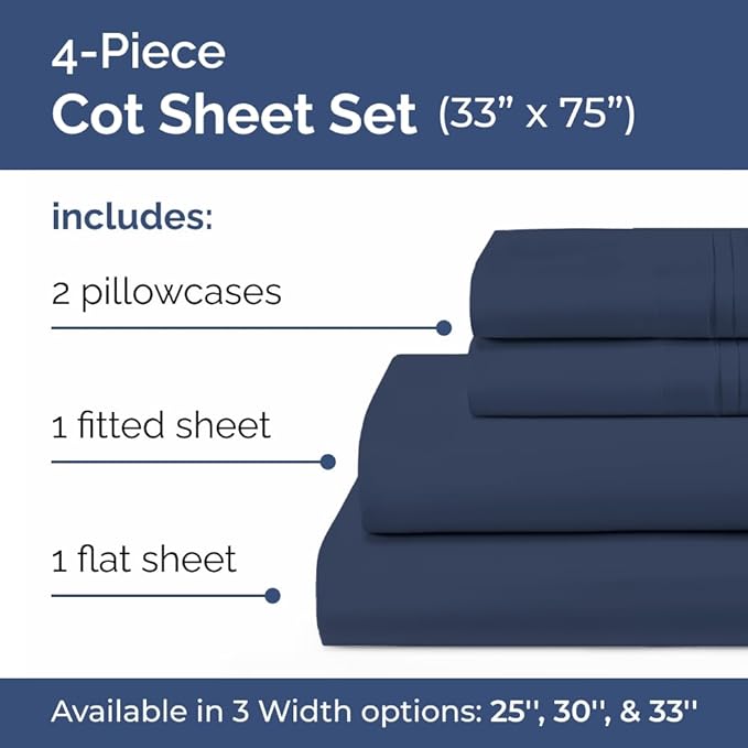 Cot Sheet Set 33” x 75” – 4 Piece Cot Size Twin Mattress Sheets – Ideal for Camper Bunk, RVs, Bunks, Day Care, Camping & Guest Beds - Fits 6” to 10” Mattress - Comdy, Breathable & Cooling - Navy Blue