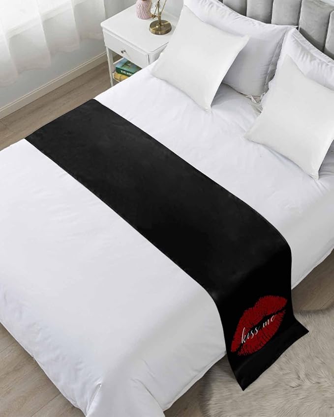 Red Lip Print Kiss Me Bed Runners for Bedroom Hotel,Decorative Bedding Scarf Black Back Bed End Blanket Bedding Runner Scarves for Twin Size Bed,71x20in