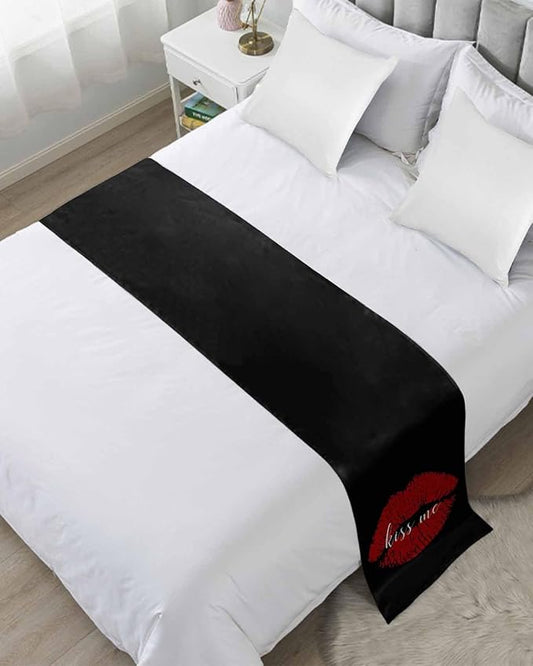 Red Lip Print Kiss Me Bed Runners for Bedroom Hotel,Decorative Bedding Scarf Black Back Bed End Blanket Bedding Runner Scarves for Twin Size Bed,71x20in