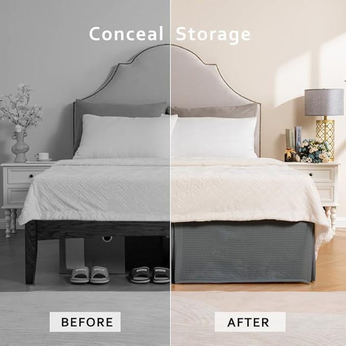 MIYE Pleated Waffle Weave Bed Skirt, Tailored Dust Ruffle 12 Inch Drop Easy Fit, Machine Washable (Dark Grey,Cal King - 12" Drop)