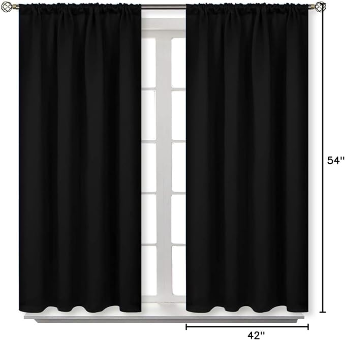 BGment Black 54 Inches Length Blackout Curtains for Bedroom - Rod Pocket Thermal Insulated Drapes for Short Window/Basement Room Darkening Blinds Shading Privacy, 42 x 54 Inch, 2 Panels