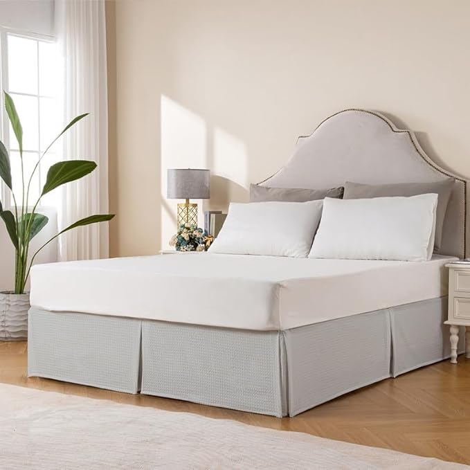 MIYE Pleated Waffle Weave Bed Skirt, Tailored Dust Ruffle 12 Inch Drop Easy Fit, Machine Washable (Light Grey, Twin - 12" Drop)