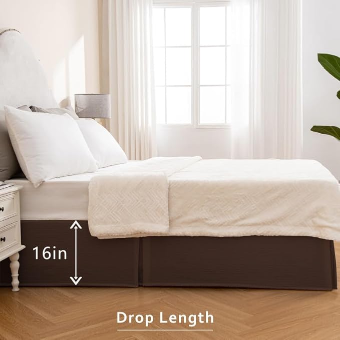 MIYE Pleated Waffle Weave Bed Skirt, Tailored Dust Ruffle 16 Inch Drop Easy Fit, Machine Washable (Brown, Full - 16" Drop)