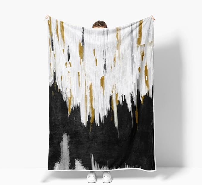 Abstract Ombre Throw Blankets, Modren Chic Art Oil Painting Cozy Warm Bed Couch Blanket, Black Gold White Fleece Flannel Throws to Decorate The Room and Bedroom