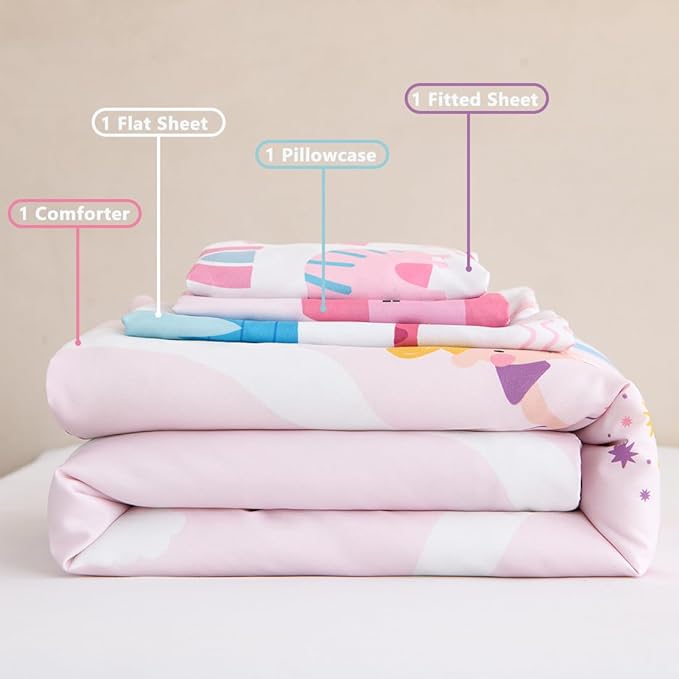 PERFEMET 4 Pieces Girls Toddler Bedding Set Pink Castle Fairy Tales Toddler Comforter Set Reversible Colorful Rainbow Princess Printed Toddler Bed Set with Sheets(Pink, Castle)