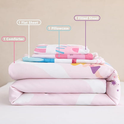 PERFEMET 4 Pieces Girls Toddler Bedding Set Pink Castle Fairy Tales Toddler Comforter Set Reversible Colorful Rainbow Princess Printed Toddler Bed Set with Sheets(Pink, Castle)