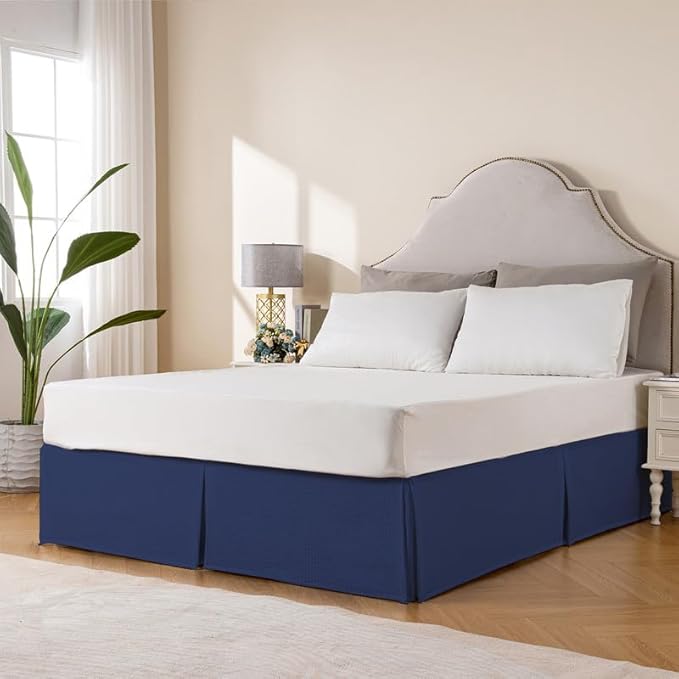 MIYE Pleated Waffle Weave Bed Skirt, Tailored Dust Ruffle 12 Inch Drop Easy Fit, Machine Washable (Navy Blue, Queen - 12" Drop)