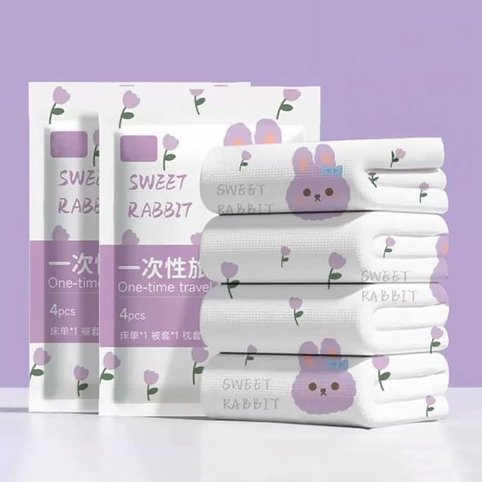 E I F E R Disposable Bed Sheets Fitted Sheet, Disposable Travel Sheets for Travel with Quilt Cover and Pillowcase, Disposable Bedding Travel Bedding Disposable Sheets for Hotel Hospital 4 PCS