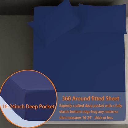 Queen Sheet Sets Air Mattress Sheets - 16 to 24 inch (Navy Blue, Queen)