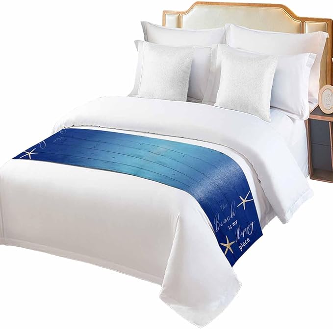 Happy Beach Place Marine Starfish Bed Runners for Bedroom Hotel,Decorative Bedding Scarf Gradient Blue Wood Grain Bed End Blanket Bedding Runner Scarves for Queen Size Bed,94x20in