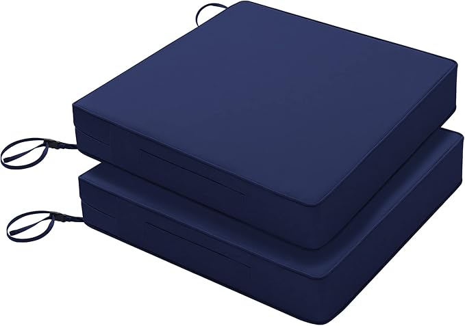 Favoyard Patio Chair Cushions 19 x 19 x 3 Inch Waterproof Outdoor Seat Cushions for Patio Furniture 3-Year Color Fastness Garden Sofa Couch Pads with Handle & Adjustable Straps Set of 2, Blue