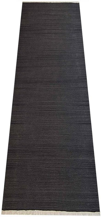 Rugsotic Carpets Hand Woven Flat Weave Kilim Wool ECO-Friendly Area Rugs - 2'6"x8', Runner Shape, Charcoal Color, Solid Plain Design, Low Pile Handmade Rugs for Living Room, Bed Room (D00111)