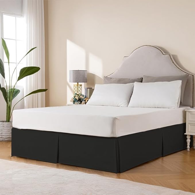 MIYE Pleated Waffle Weave Bed Skirt, Tailored Dust Ruffle 14 Inch Drop Easy Fit, Machine Washable (Black, Twin - 14" Drop)