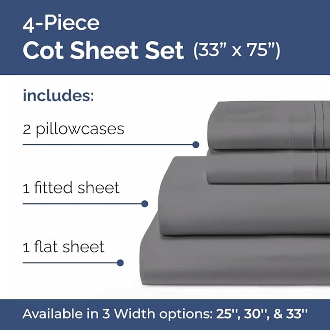Cot Sheet Set 33” x 75” – 4 Piece Cot Size Twin Mattress Sheets – Ideal for Camper Bunk, RVs, Bunks, Day Care, Camping & Guest Beds - Fits 6” to 10” Mattress - Comdy, Breathable & Cooling - Dark Grey