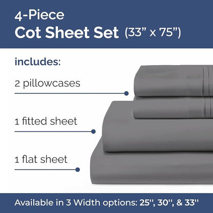 Cot Sheet Set 33” x 75” – 4 Piece Cot Size Twin Mattress Sheets – Ideal for Camper Bunk, RVs, Bunks, Day Care, Camping & Guest Beds - Fits 6” to 10” Mattress - Comdy, Breathable & Cooling - Dark Grey