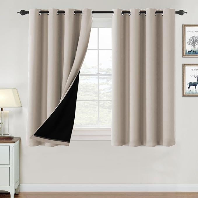 H.VERSAILTEX 100% Blackout Curtains for Bedroom Thermal Insulated Blackout Curtains 45 inch Length Full Light Blocking Window Drapes for Living Room with Black Liner 2 Panels, Natural