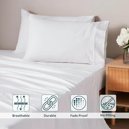 Queen Sheet Set - Luxury 338 Thread Count Sateen, 100% Egyptian Cotton Deep Pocket Queen Sheets with All Around Elastic for a, Hotel Quality Bedding Set (White Solid)