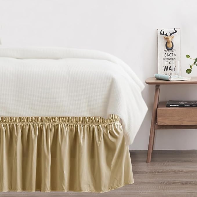 Queen Bed Skirt, Elastic Wrap Around Bed Skirt Queen Size, Bed Skirts for Adjustable Bed, Easy Fit with 14" Drop Length Tailored Drop Dust Ruffle (Beige)