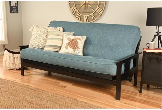BOWERY HILL Modern Full-Size Linen Fabric Futon in Aqua Blue-Frame Not Included