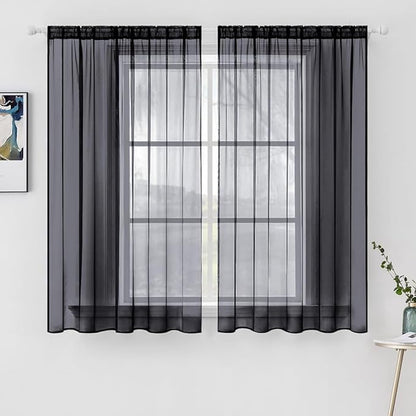 MIULEE 2 Panels Solid Color Sheer Window Curtains Elegant Halloween Window Voile Panels/Drapes/Treatment for Bedroom Living Room (54X45 Inches Black)