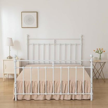 Bed Skirt Queen Size Ruffled Bed Skirt with Split Corners, 16 Inch Drop Dust Ruffle Bed Skirts with Platform, Boho Tufted Shabby Chic Queen Size Bed Skirts, Cream