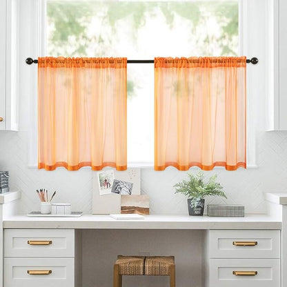 MIULEE 2 Panels Fall Kitchen Tiers Half Window Sheer Curtains-Rod Pocket Voile Drapes for Kitchen Bathroom-Small Windows 29 by 36 Inch Orange
