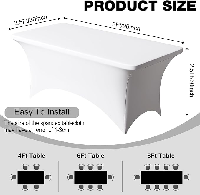 Trlyc 1 Pack 8FT Spandex Table Cloth - 96 x 30 Inch Rectangular Stretch Tablecloth, Wrinkle Resistant Scretch Table Cover for Wedding, Party, Banquet, Picnic, Outdoor Decoration (1Pcs,White)