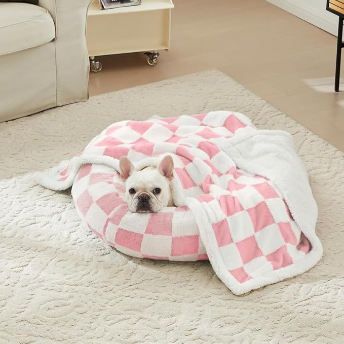 Checkered Dog Blanket, Pink Jacquard Sherpa Blankets for Small Dog and Cats, Cute Girly Women Aesthetic Style Fluffy Fleece Pets Blanket for Couch Protection Washable, 40"x50"