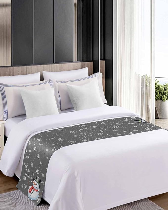 Christmas Snowman Winter Snowflakes Bed Runners for Bedroom Hotel,Decorative Bedding Scarf Gray White Bed End Blanket Bedding Runner Scarves for Full Size Bed,83x20in