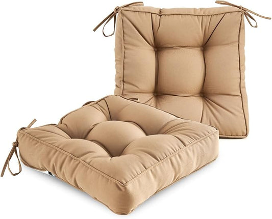 ARTPLAN Outdoor Seat Cushion,Square Thick Tufted Pure Chair Cushion for Patio Wicker Chair with Tie,Set of 2,19"x19"x5"，Light Brown