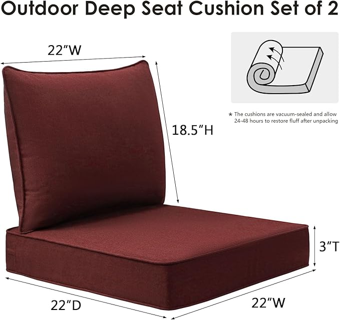 Sunbrella Outdoor Chair Cushions Set, 22" x 22", Set of 2, Water-Repellent, Fade Resistant, Deep Seat Bottom and Back Cushion for Backyard, Couch, Sofa and Patio Furniture, Spectrum Brick