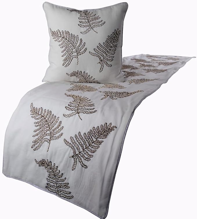 The HomeCentric White Bed Runner, King Size 90"x18" Decorative Bed Runner with 2 Matching Pillow Cover, White Linen Bed Scarf in Fern Embroidery & Pearl - Fern Blossom
