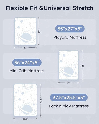 Pack and Play Sheets Fitted 3 Pack, Mini Crib Sheets for Pack N Play Mattress Stretchy Portable Playard Sheets, Soft Breathable Blue Gray Planet