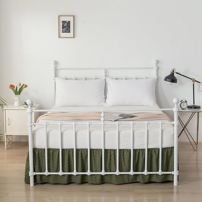 Tufted Dot Bed Skirt Queen Size Ruffled Bed Skirt with Split Corners, 18 Inch Drop Dust Ruffle Bed Skirts with Platform, Olive Green