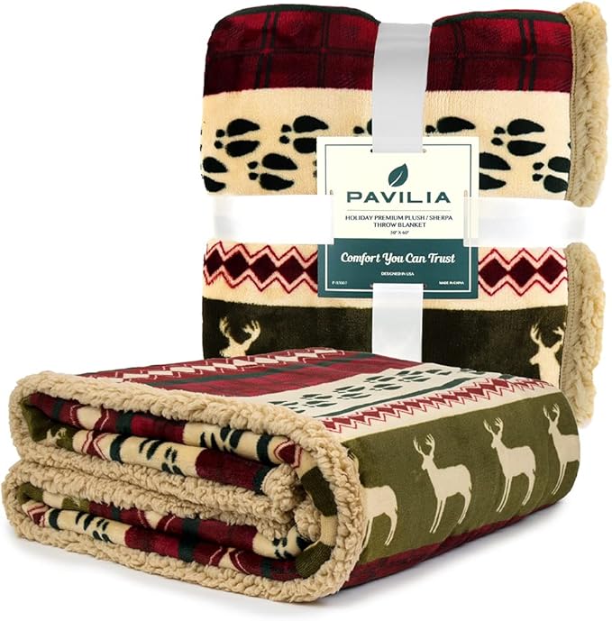PAVILIA Premium Christmas Sherpa Throw Blanket, Green Red Cabin Design with Reindeer Print, Ultra Soft Reversible Fleece & Sherpa 50x60 Cozy Winter Blanket, Cozy Christmas & Holiday Decor