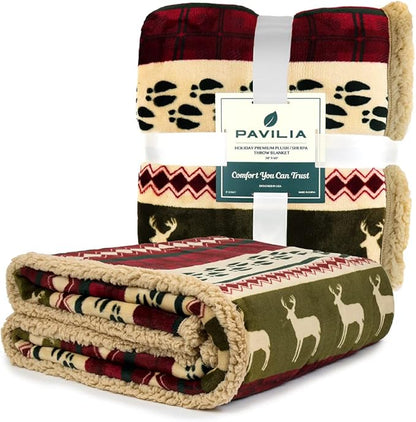 PAVILIA Premium Christmas Sherpa Throw Blanket, Green Red Cabin Design with Reindeer Print, Ultra Soft Reversible Fleece & Sherpa 50x60 Cozy Winter Blanket, Cozy Christmas & Holiday Decor