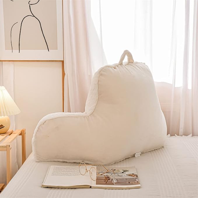 NTBED Reading Pillow Faux Fur Bed Wedge Backrest with Arms,Couch TV Relax Bed Rest Pillow Back Support Cushion for Kids Teens Boys Girls(Ivory)