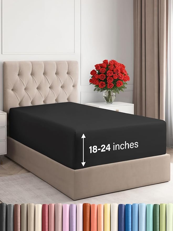Extra Deep Twin XL Fitted Sheet - Hotel Luxury Single Fitted Sheet Only - Easily Fits 18 inch to 24 inch Mattress - Ultra Soft, Wrinkle & Fade Free w/Extra Deep Pockets - Breathable & Comfy - Black