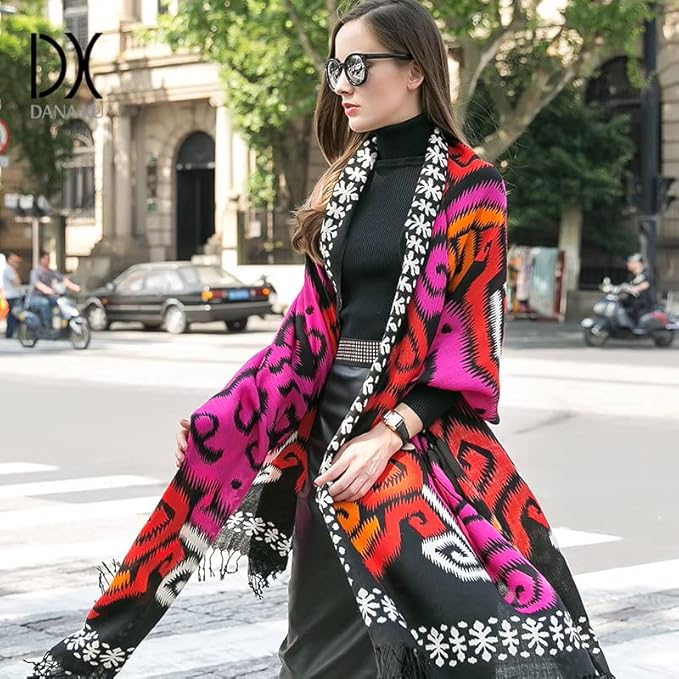 DANA XU 100% Merino Wool Extra Large Pashmina Blanket Travel Scarf Cashmere Wrap for Women Fall Winter Oversize Shawl Floral